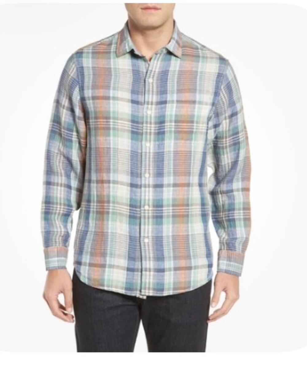 Tommy Bahama Mens Linen Button Up Shirt Long Sleeve Madras Plaid Blue 2XL Preppy